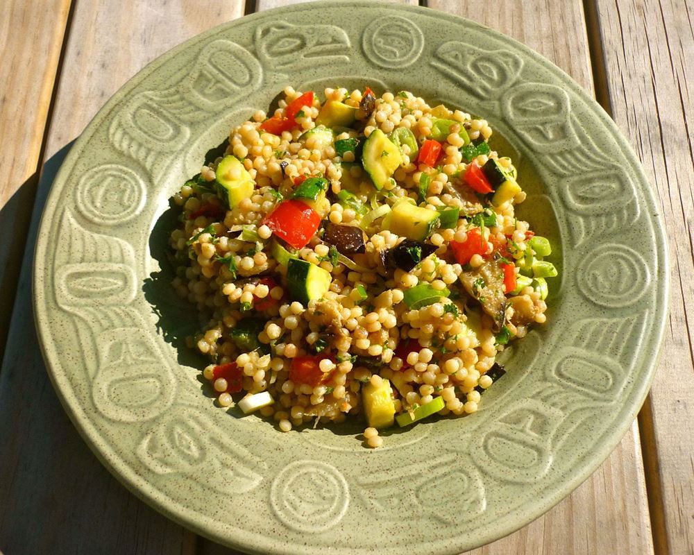 Eggplant, Red Capsicum, Zucchini and Pearl Couscous Salad with Tahini Dressing