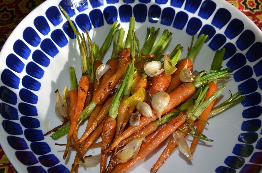 Pan Roasted Baby Carrots with Whole Garlic Cloves, Cumin Seed and Lemon Peel