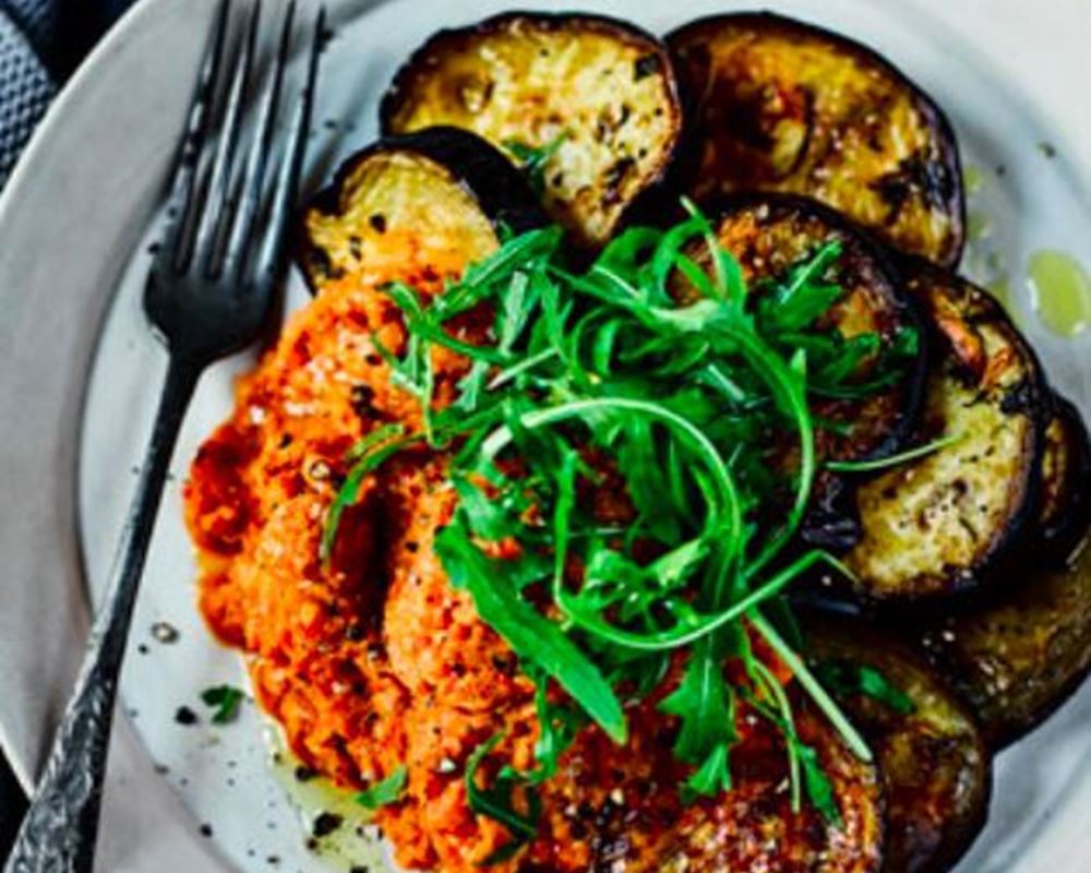 Garlicky aubergine steaks with romesco sauce and Ed's Mixed Salad