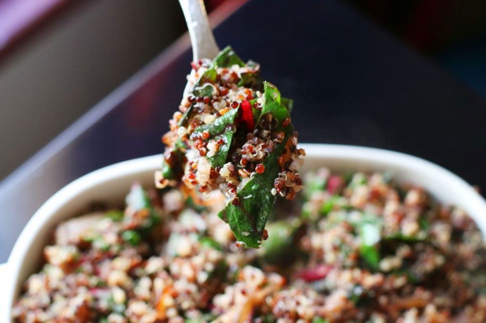 Quinoa w/ Caramelized Onions & Red Chard