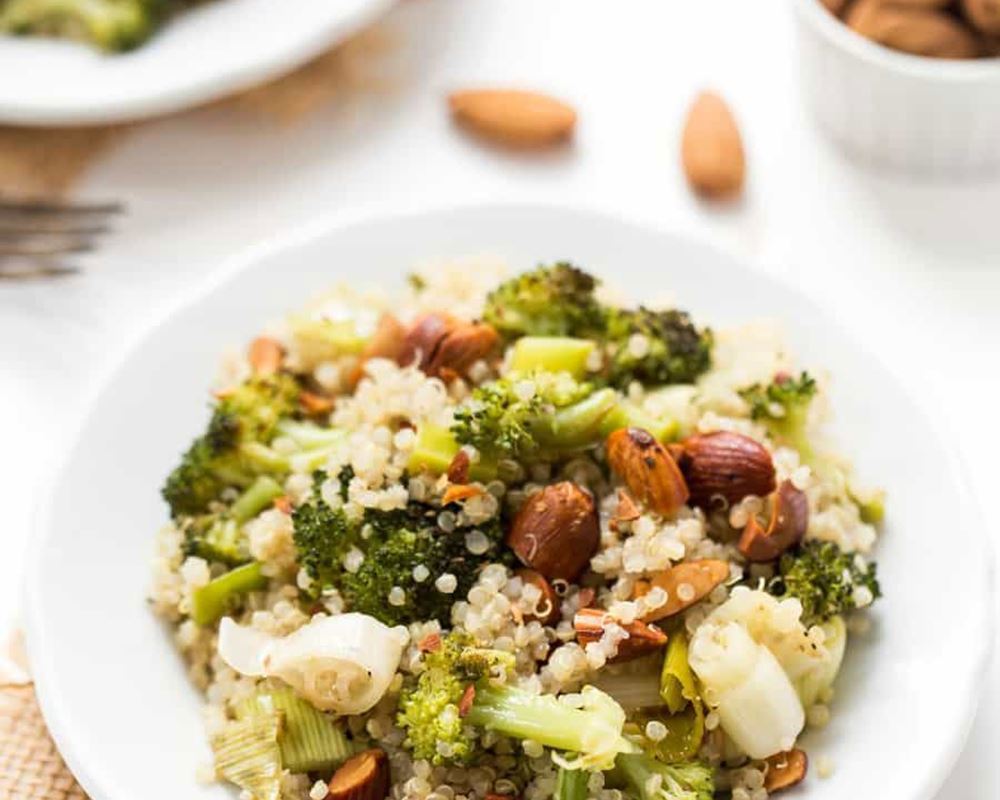 Roasted Leek & Broccoli Quinoa Salad with Chopped Almonds